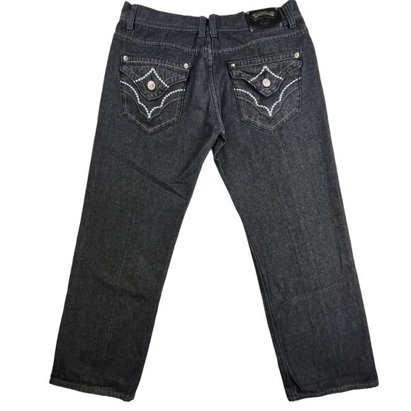 Imperious Delf Trading Jeans 38x33 Black Vintage Flap Pocket Embroidered Rock - Picture 2 of 16